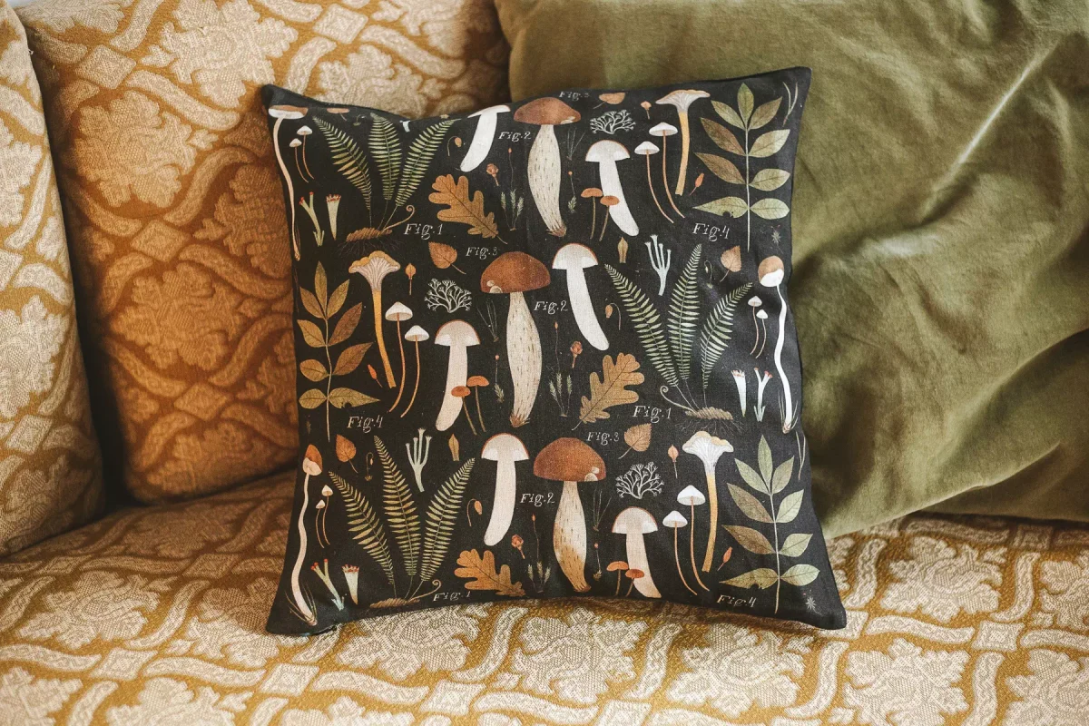Льняной чехол для подушки «Грибы и папоротники» • Сувенир от Fungiline — изображение 1